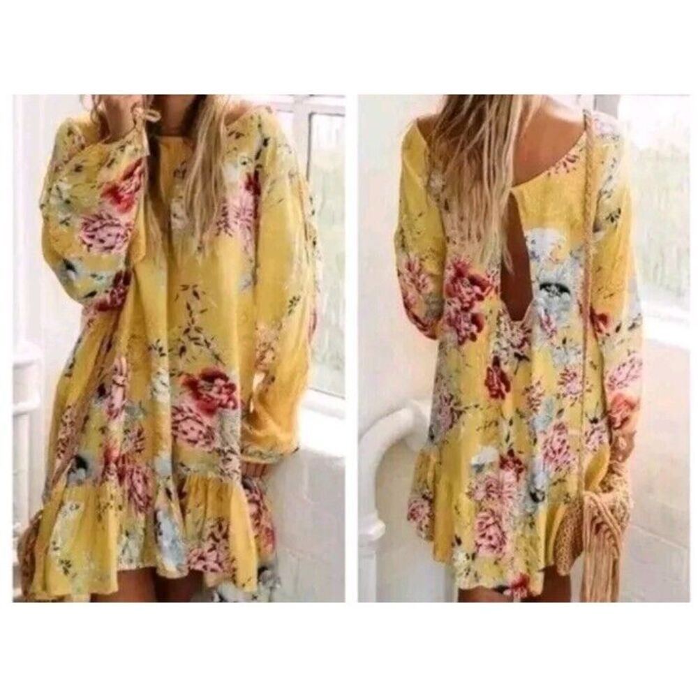 Jaase Sunshine Maya Yellow Floral Baloon Long Sleeve Cutout Back & Sleeve Sze XS